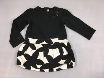 Robe m.l bi-matière jersey noir, bas motifs blanc/noir