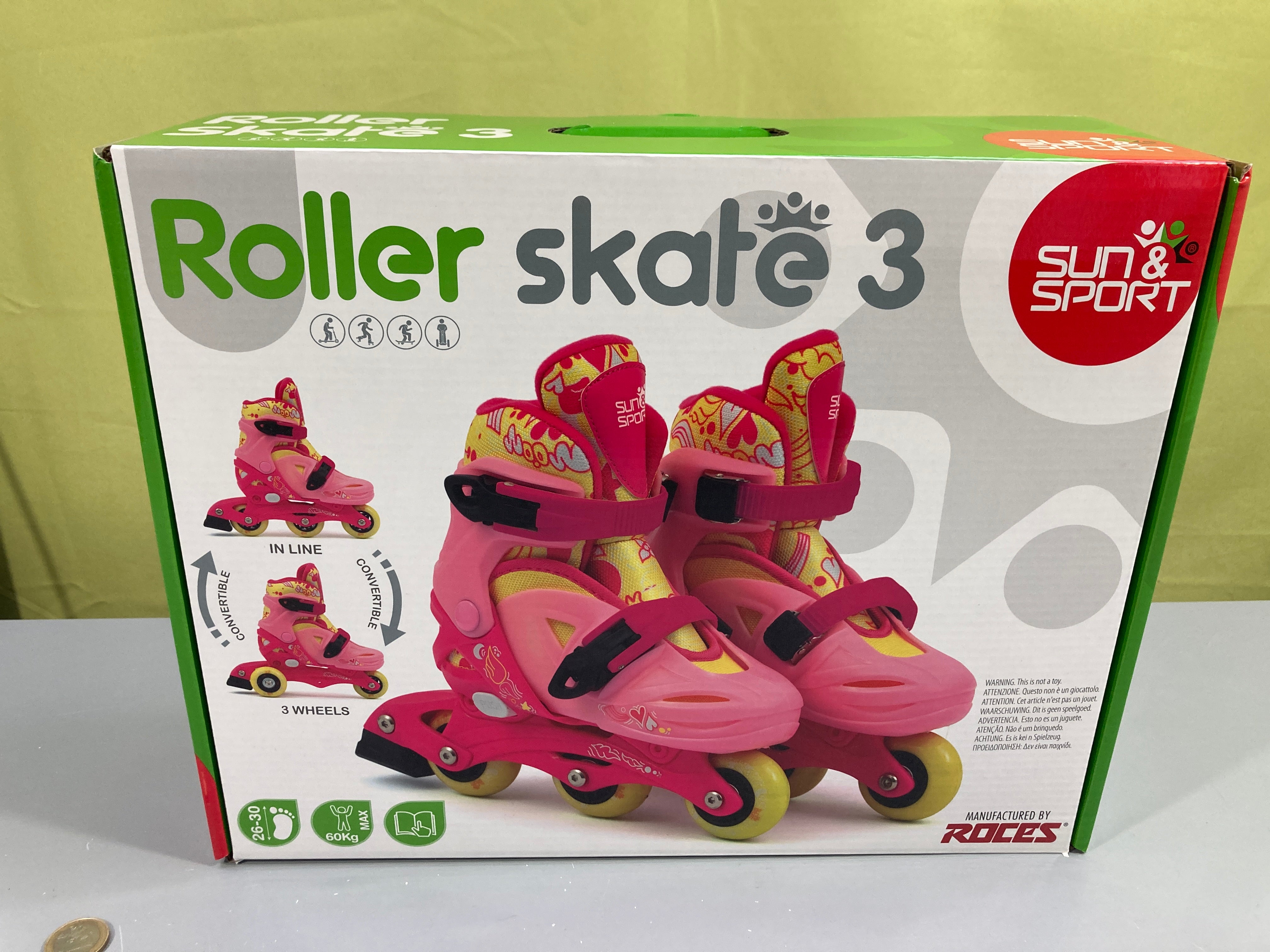 NEUF roller skate 3 rose/jaune convertible 2 à 3 roues, 26-30