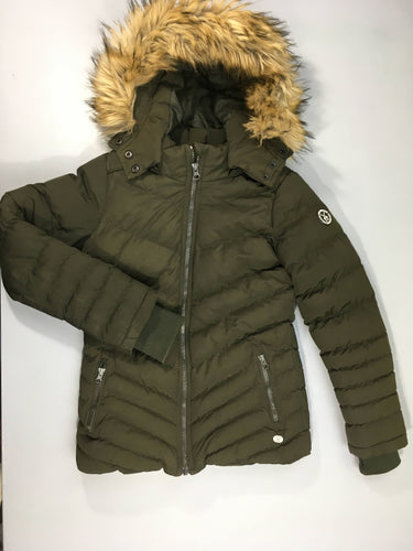 Doudoune matelassée kaki foncé cintrée à capuche fausse fourrure, moins cher chez Petit Kiwi