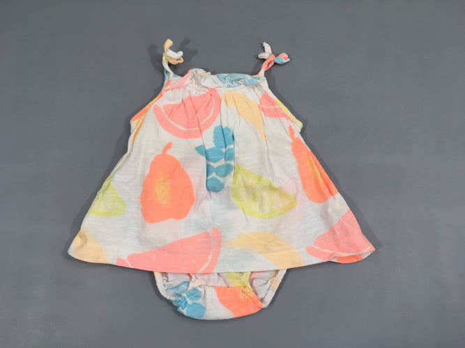 Robe fines bretelles jersey blanc fruits + body intégré, moins cher chez Petit Kiwi