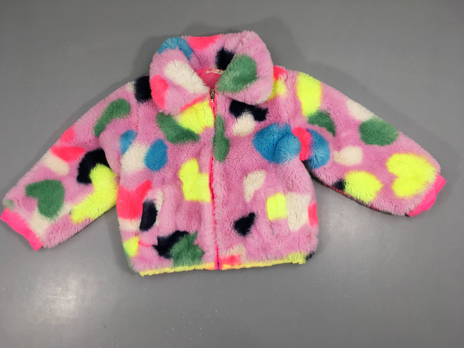 Veste zippée fausse fourrure rose tacheté multicolore, moins cher chez Petit Kiwi