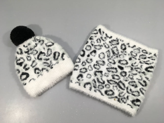 Ensemble bonnet duveteux blanc motifs léopard + tour de cou, moins cher chez Petit Kiwi