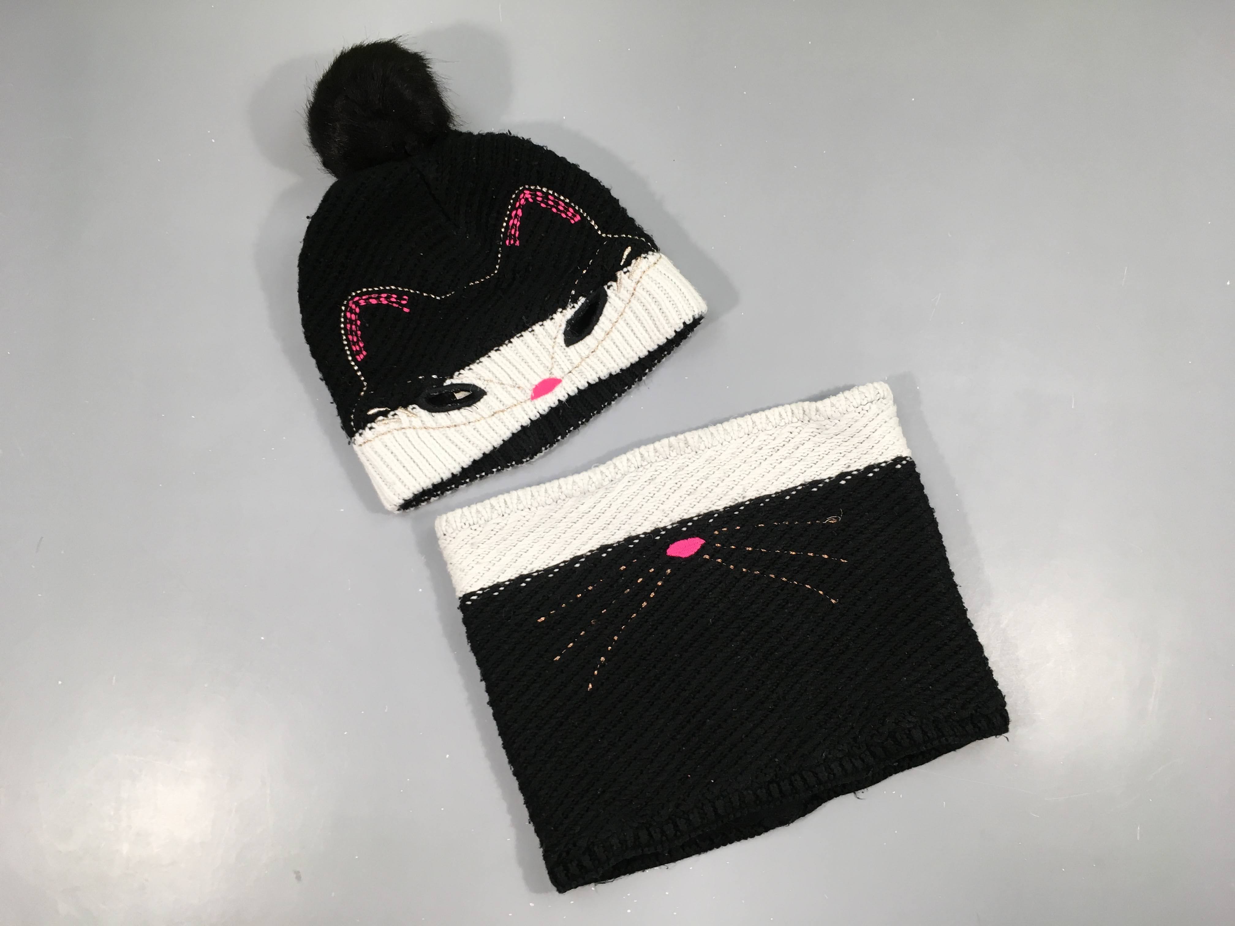 Ensemble bonnet noir/blanc chat + tour de cou, 49cm