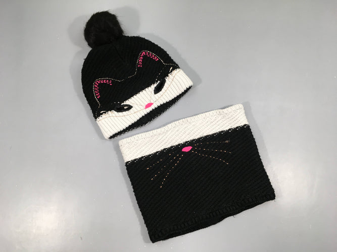 Ensemble bonnet noir/blanc chat + tour de cou, 49cm, moins cher chez Petit Kiwi