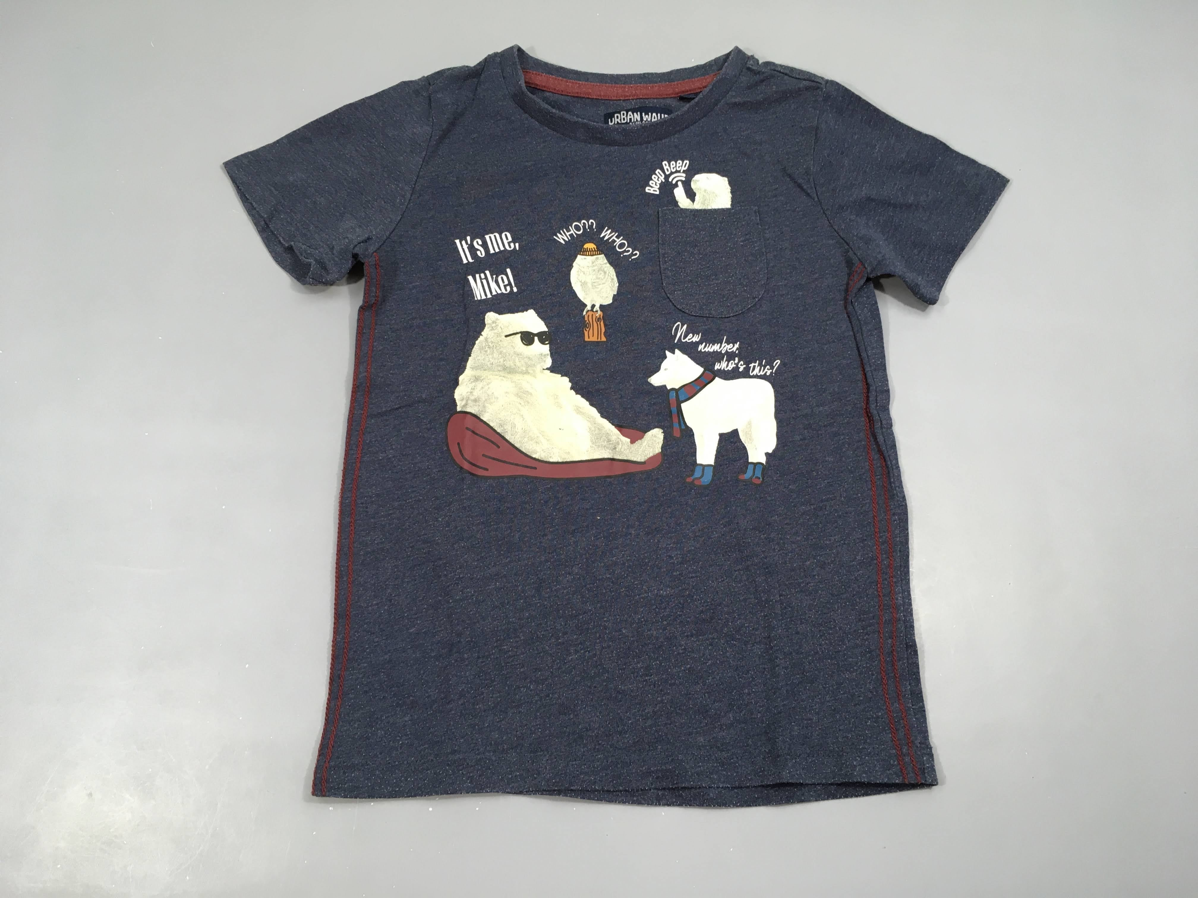 T-shirt m.c bleu foncé animaux poche, légèrement bouloché