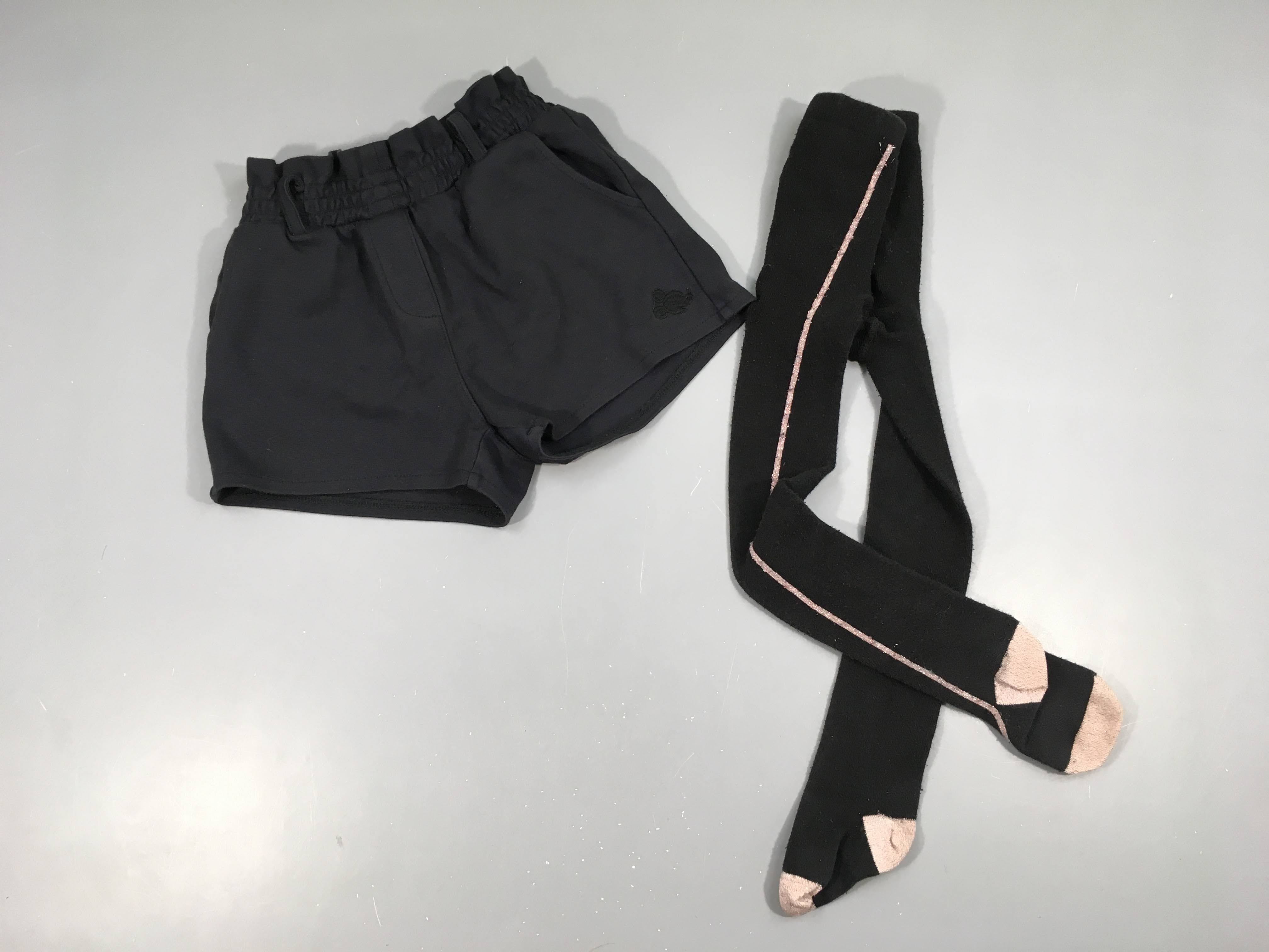 Short jersey bleu marine + bas collants noirs bande irisée, légèrement bouloché