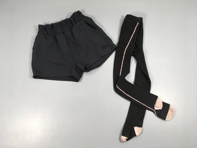Short jersey bleu marine + bas collants noirs bande irisée, légèrement bouloché, moins cher chez Petit Kiwi