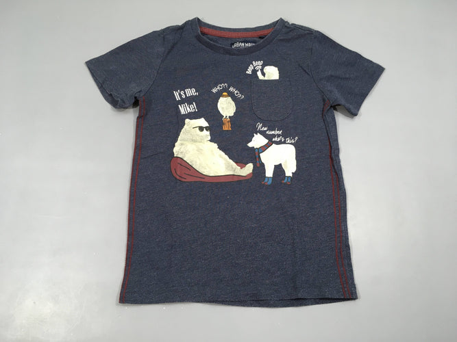 T-shirt m.c bleu foncé animaux poche, légèrement bouloché, moins cher chez Petit Kiwi