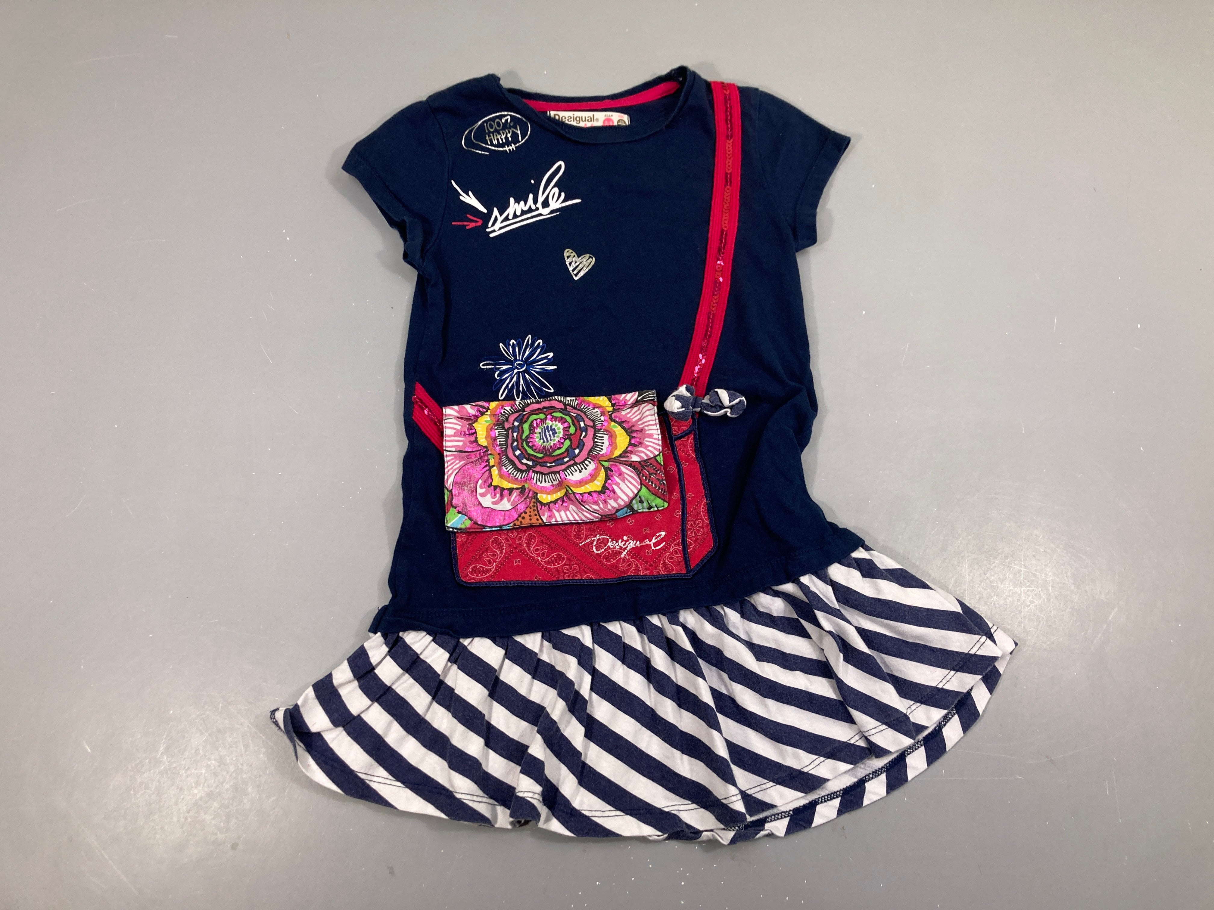 robe m.c jersey hauty bleu foncé sequins roses bas blanc rayé bleu