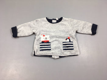 Pull velours gris clair poches ours/pingouin