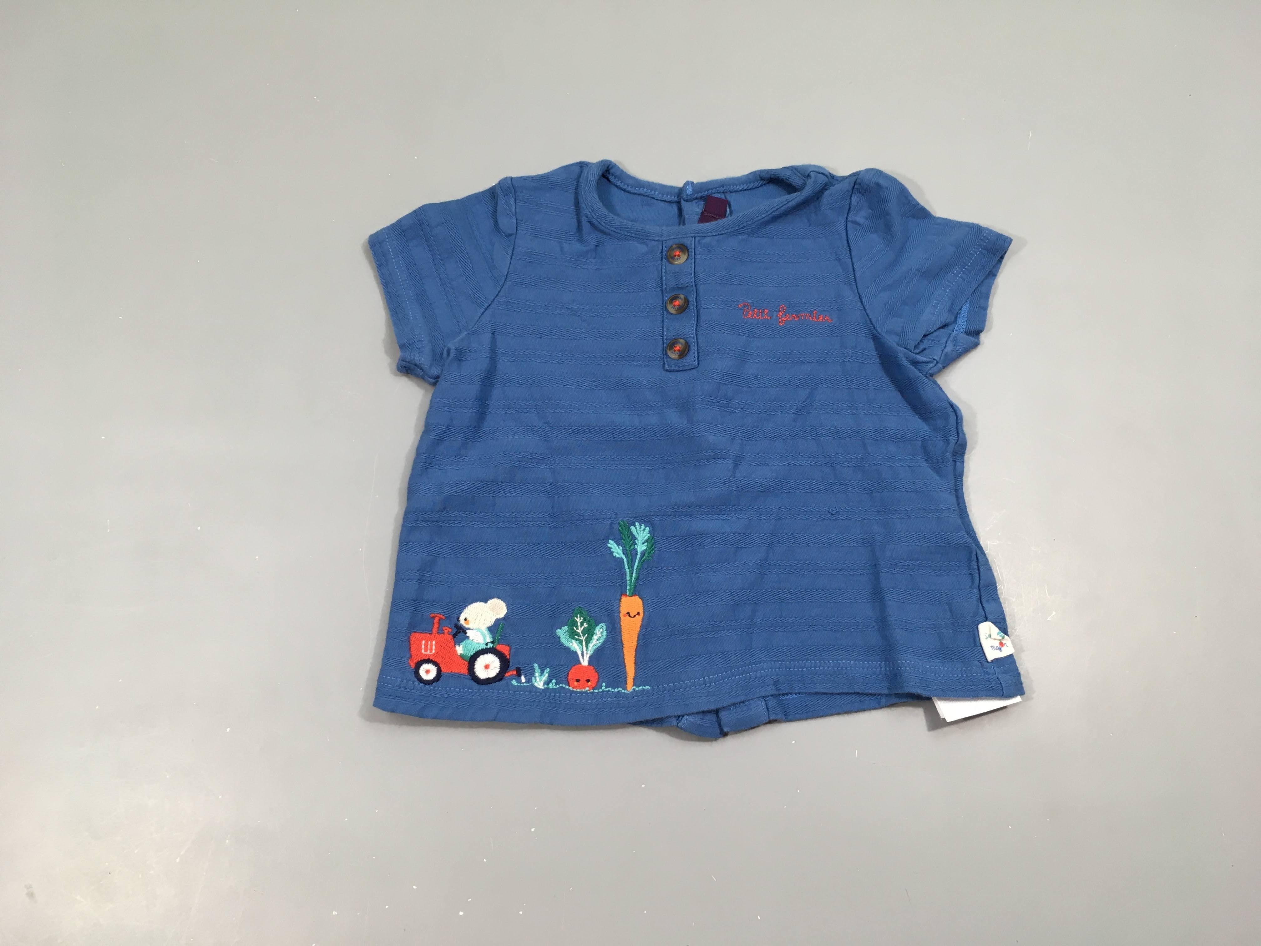 T-shirt m.c bleu rayé texturé boutons tracteur légumes