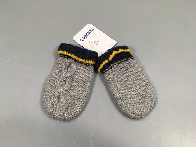 Moufles mailles gris chiné/bleu, 10% laine, T.0, moins cher chez Petit Kiwi