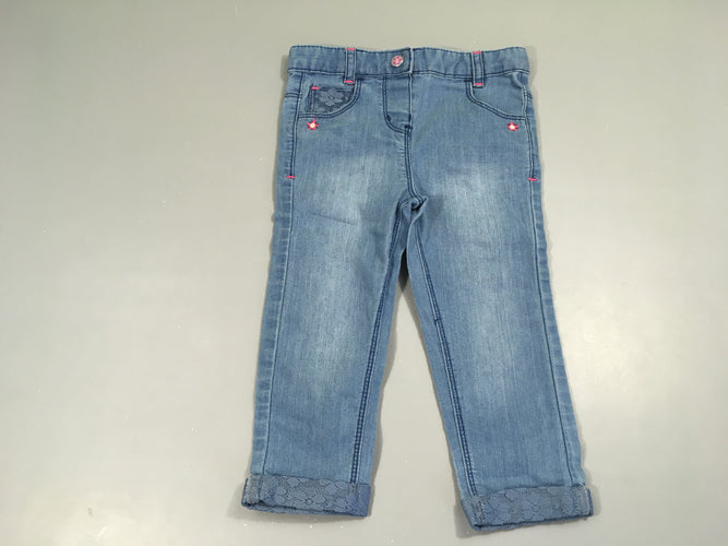 Pantalon denim à revers fleurs roses poches, moins cher chez Petit Kiwi