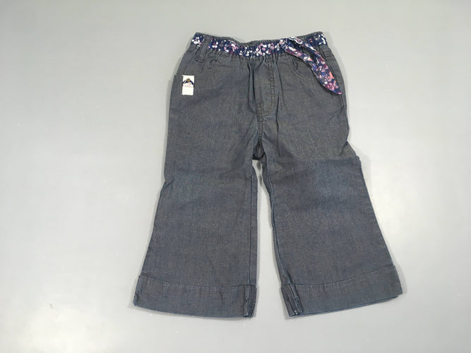 Pantalon denim à revers foncé taille élastique fleurie, moins cher chez Petit Kiwi