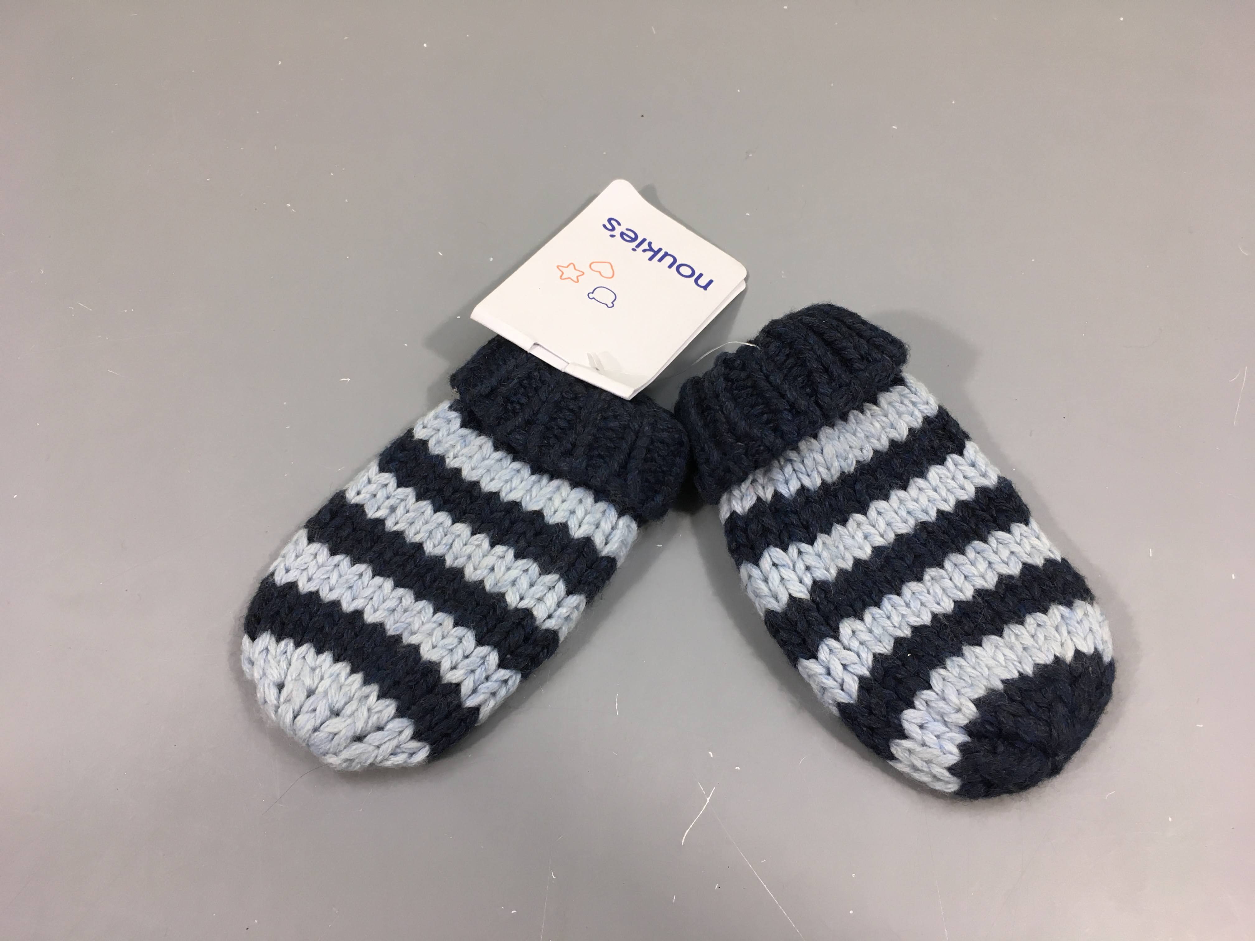 Moufles mailles bleu rayé, 10% laine, T.0