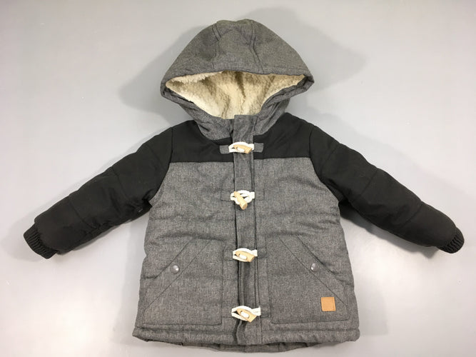 Veste ouatinée gris chiné/bleu marine doublé moutonné à capuche, moins cher chez Petit Kiwi