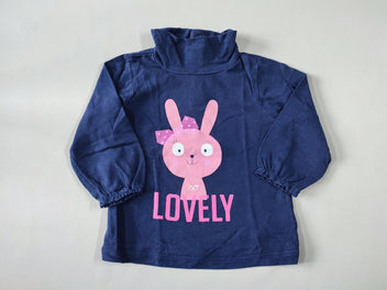 T-shirt m.l col roulé bleu marine lapin rose 