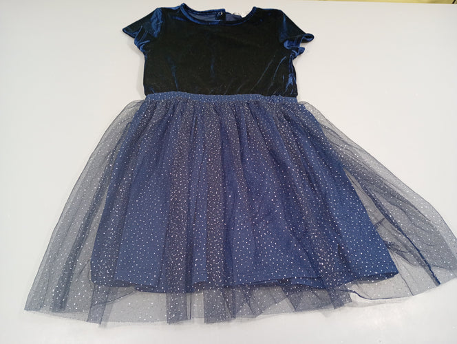 Robe m.c dessus velours bleu marine , dessous tulle bleu marine pailleté, moins cher chez Petit Kiwi