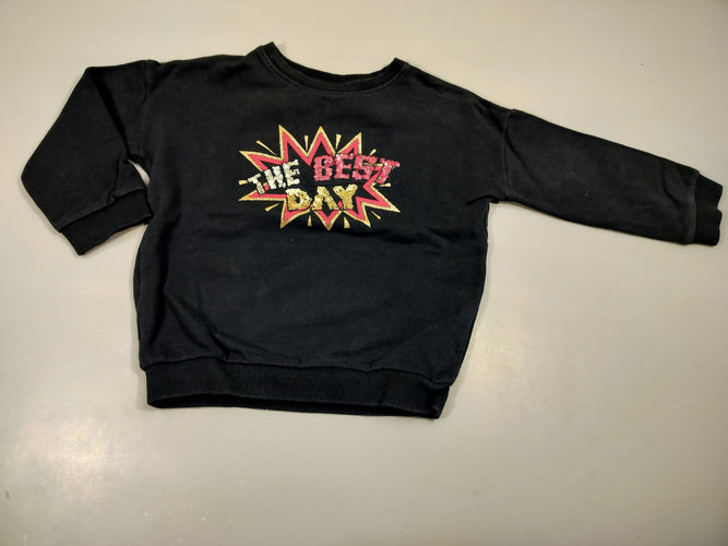 Sweat bleu marine  sequins rose, doré " the best day" 100% coton, moins cher chez Petit Kiwi
