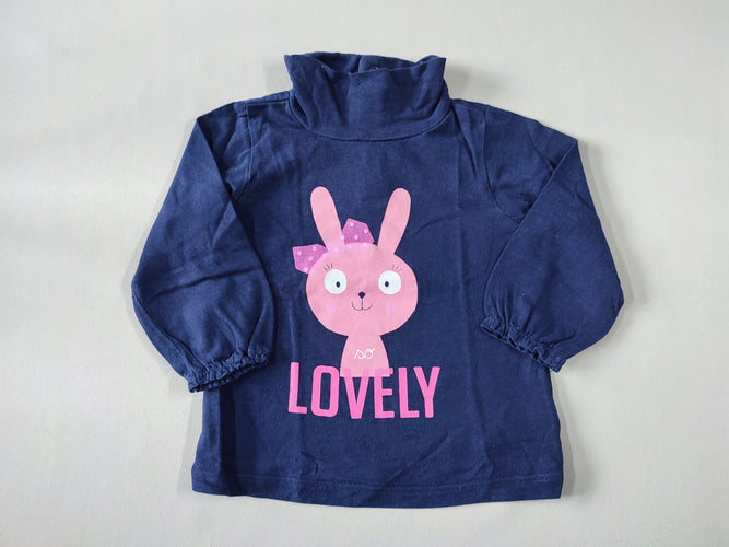 T-shirt m.l col roulé bleu marine lapin rose "So lovely", moins cher chez Petit Kiwi