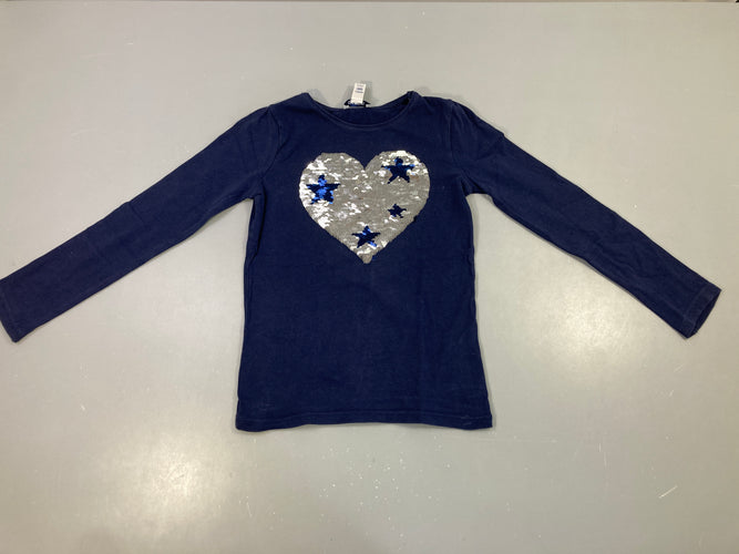 T-shirt m.l bleu marine, coeur en sequins  réversibles, moins cher chez Petit Kiwi
