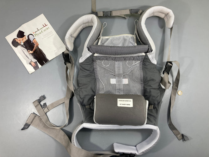 Porte-bébé physiocarrier gris je porte mon bébé + sangle tête et rehausseur, sangle légèrement auréolée, moins cher chez Petit Kiwi