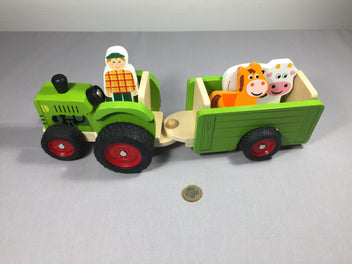 Tracteur en bois avec remorque - 2  animaux et un fermier