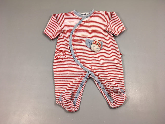 Pyjama velours blanc rayé rouge denim poche doudou, moins cher chez Petit Kiwi