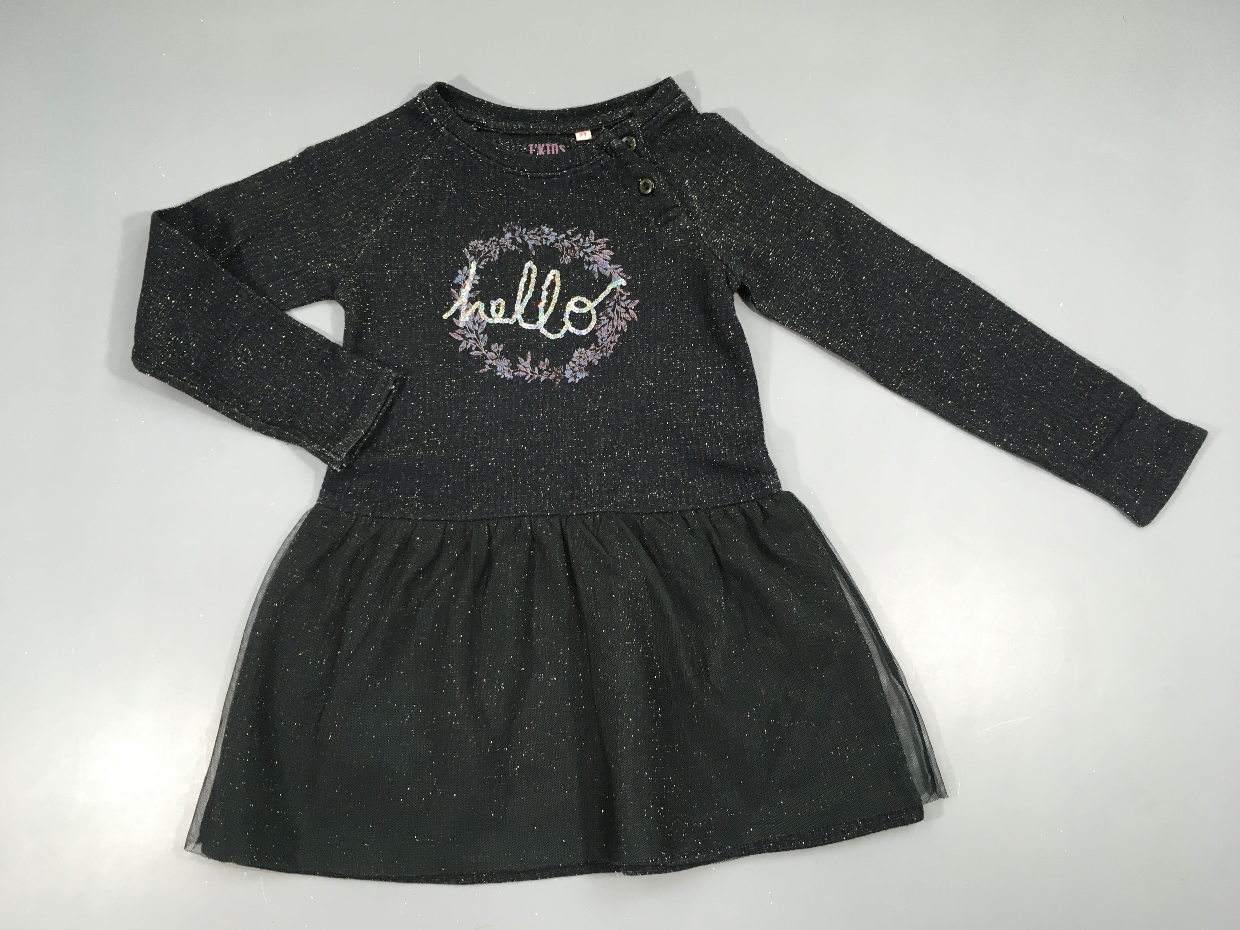 Robe m.l bleu foncé fils métalisé doré pailleté Hello sequins bas tulle