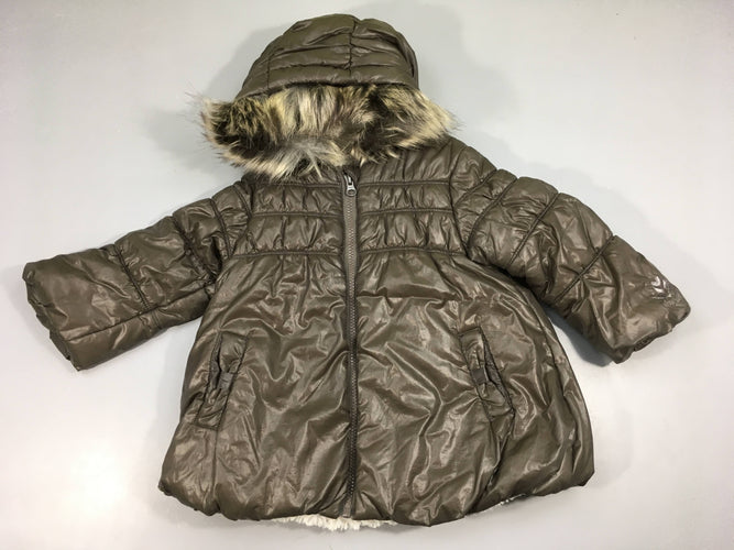 Veste à capuche taupe doublée peluche à capuche fausse fourrure, moins cher chez Petit Kiwi