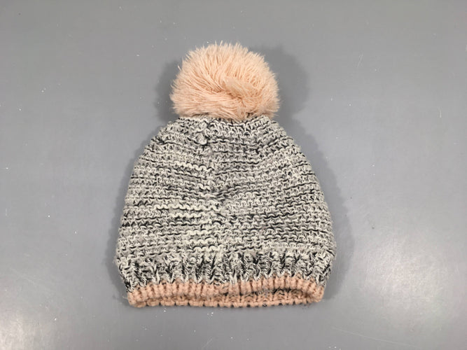 Bonnet mailles gris chiné-blanc-noir bord rose pompon doublé peluche, moins cher chez Petit Kiwi