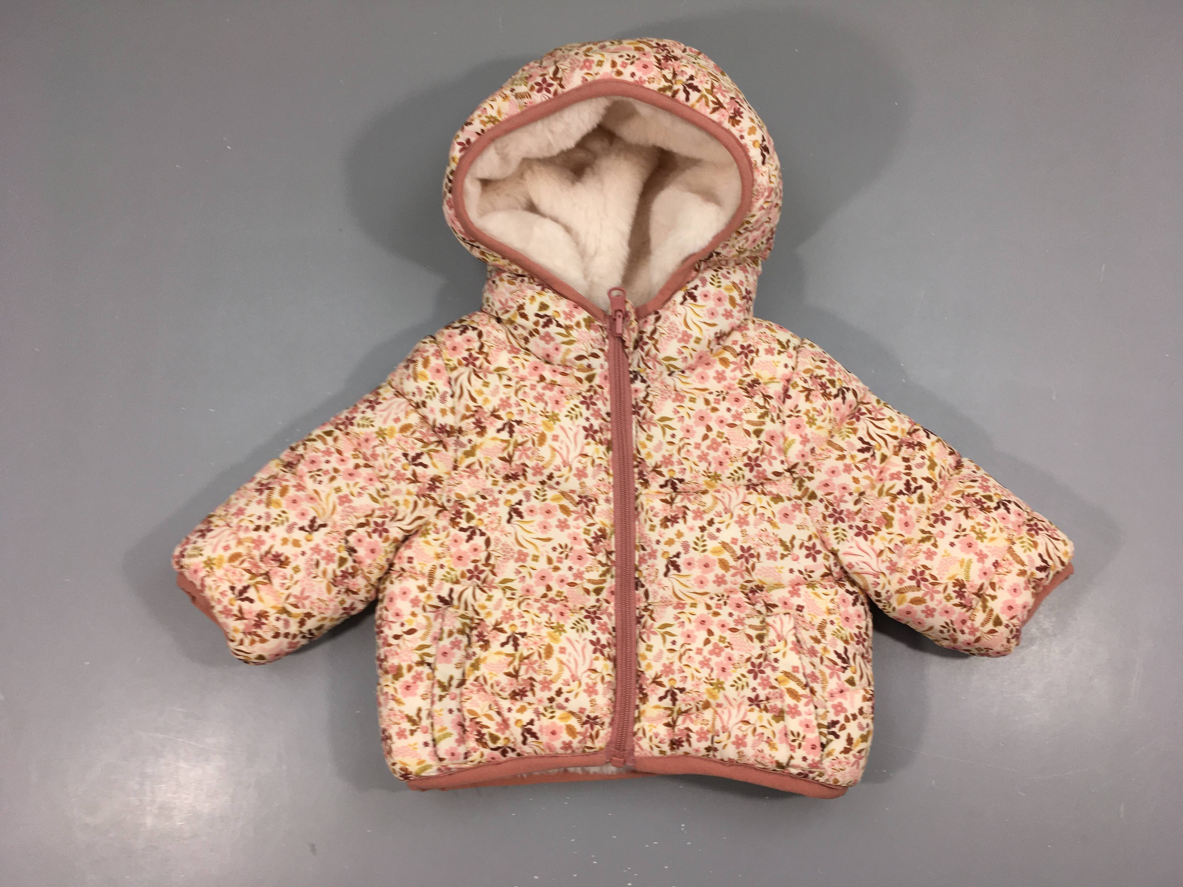 Veste réversible beige fleurie rose/peluche