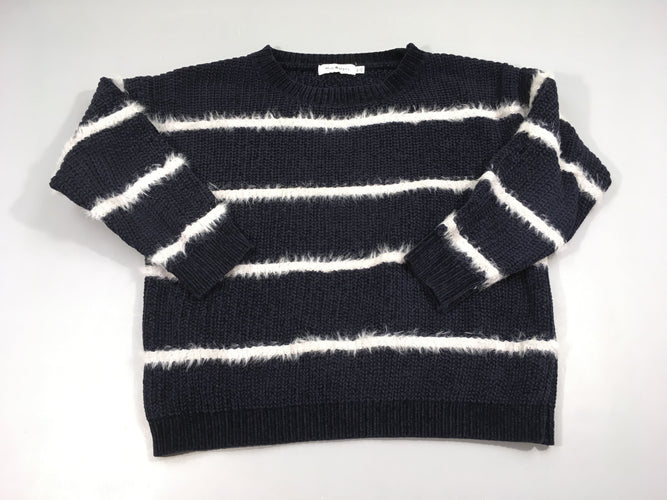 Pull bleu foncé rayé gris chenilles/duveteux, moins cher chez Petit Kiwi