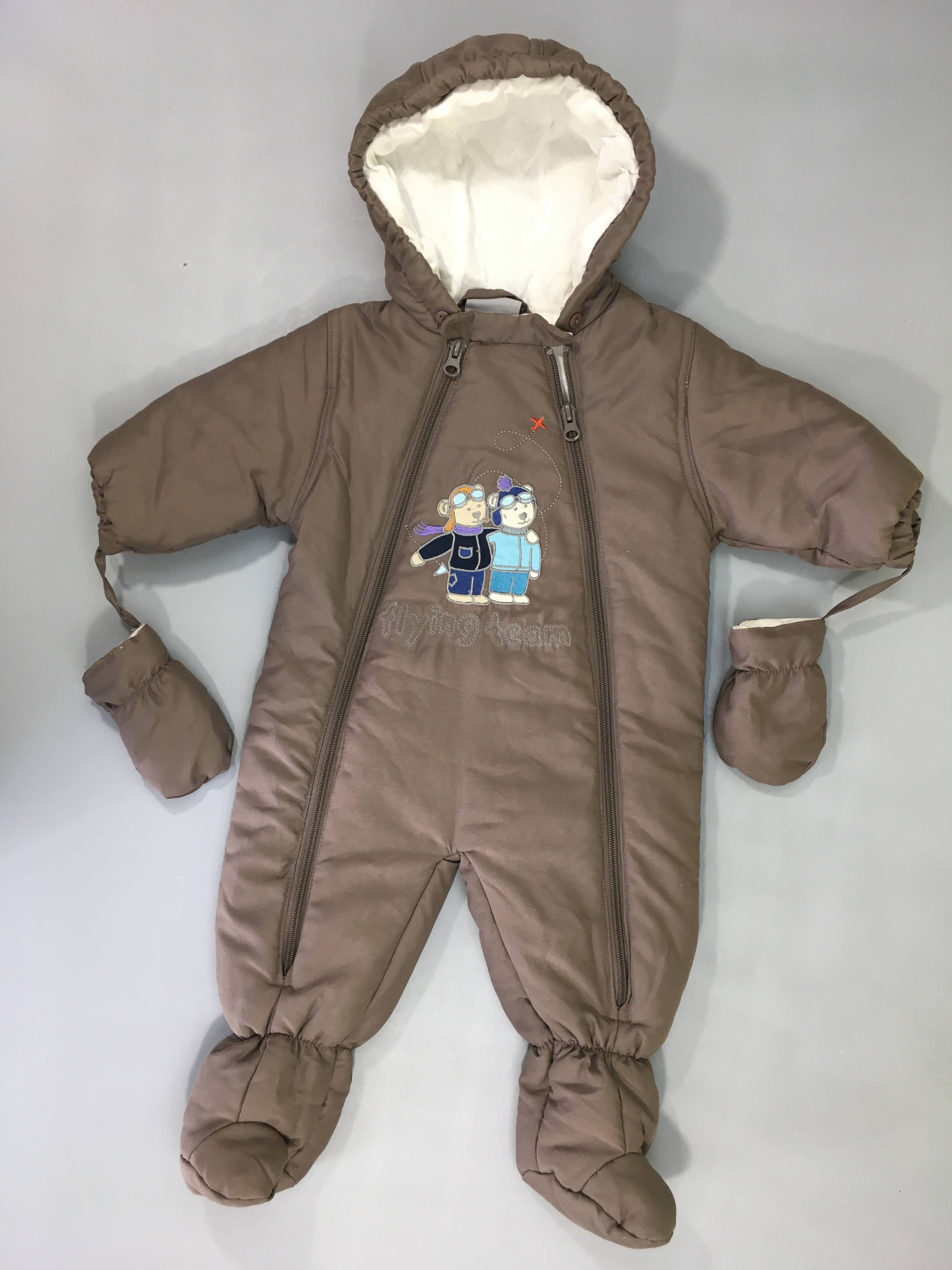 Combi pilote brune ours à capuche, moufles intégrées