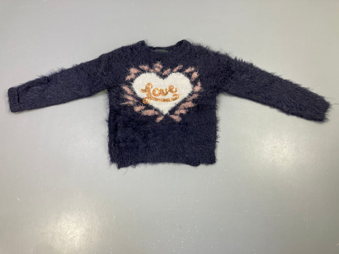 Pull duveteux bleu marine cœur "Love" sequins, moins cher chez Petit Kiwi