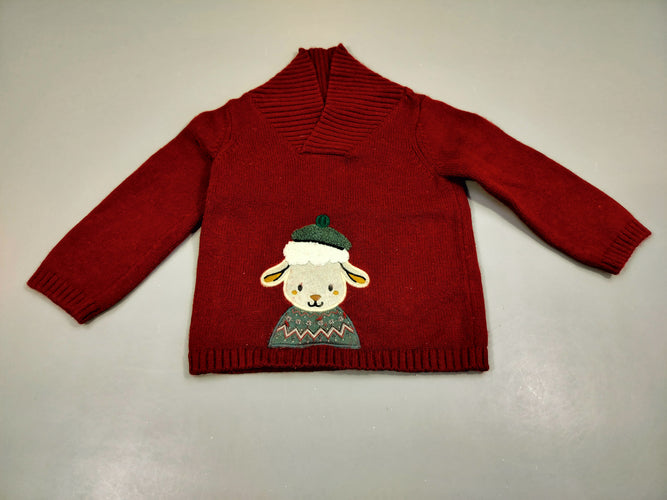 Pull rouge, col châle .Mouton. 59% coton 31% polyester  10% laine . Très légèrement bouloché., moins cher chez Petit Kiwi