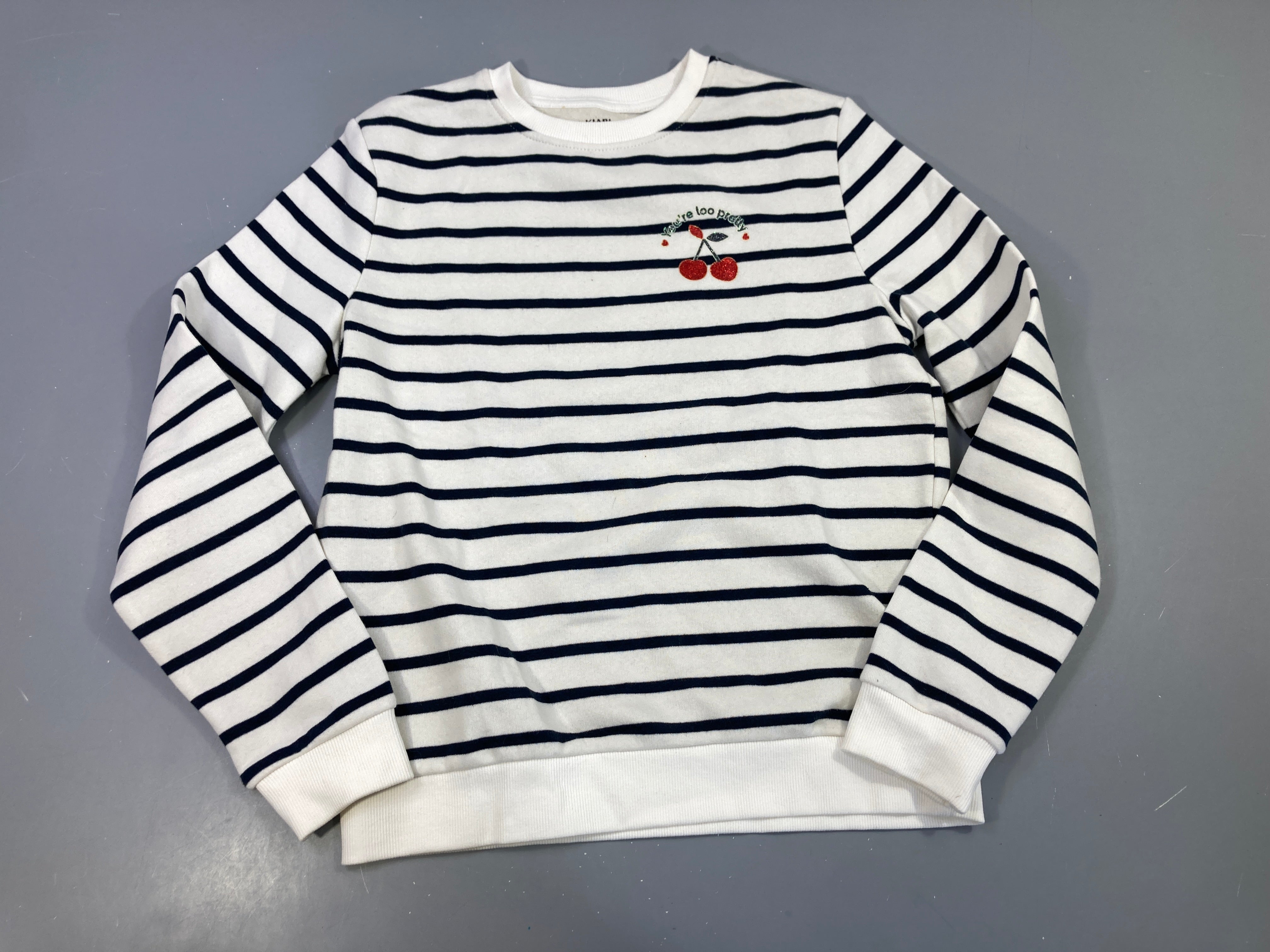 Sweat blanc rayé  bleu marine ,cerise pailletée