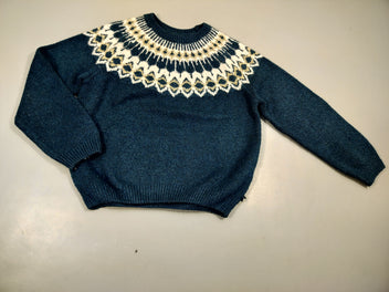 Pull bleu dessus, motifs blanc et doré , légèrement bouloché