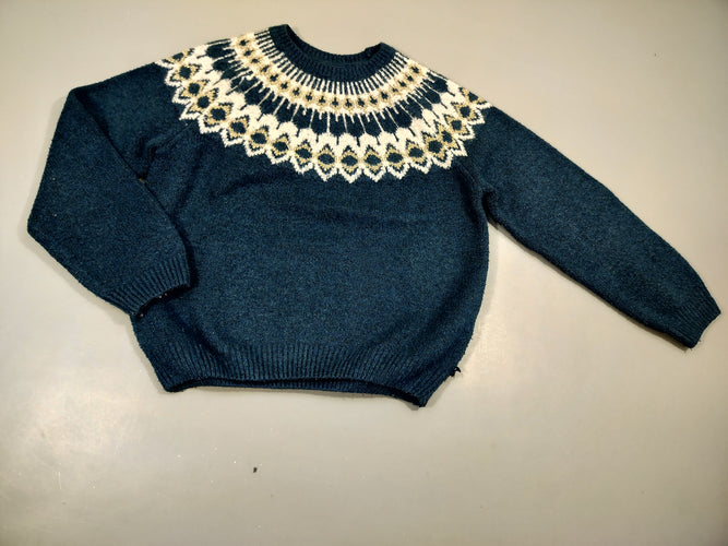 Pull bleu dessus, motifs blanc et doré , légèrement bouloché, moins cher chez Petit Kiwi