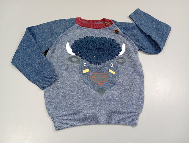 Pull bleu chiné, tête de bison., moins cher chez Petit Kiwi