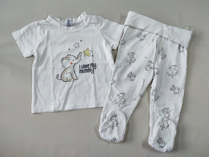 T-shirt m.c blanc éléphant "I love my mummy" + Pantalon jersey blanc éléphants, Dopodopo, moins cher chez Petit Kiwi
