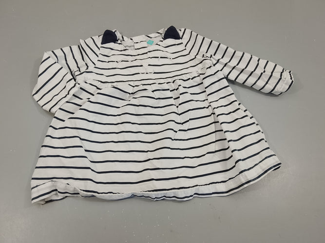 Robe m.l blanche rayé bleu marine, tête de chat, moins cher chez Petit Kiwi