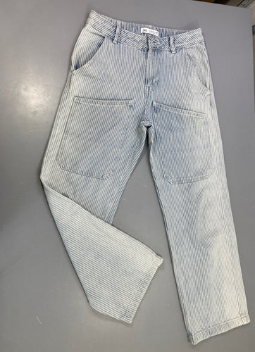 Pantalon bleu ligné blanc poches avt, moins cher chez Petit Kiwi