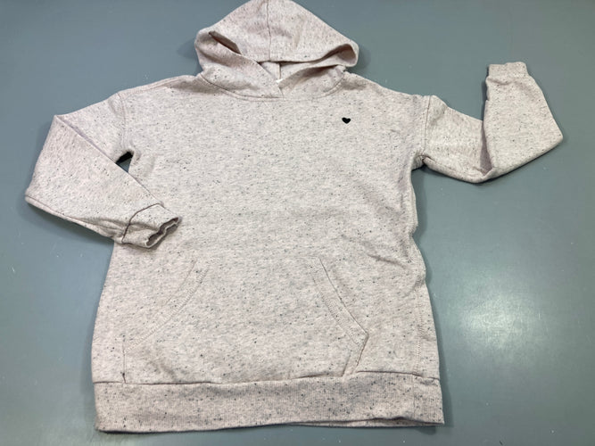 Sweat à capuche rose très pâle chiné bleu marine, coeur bleu marine, légèrement bouloché, moins cher chez Petit Kiwi