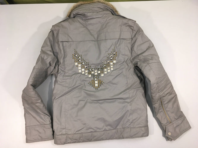 Veste ouatinée zippée enduite grise, col amovible 100% poil de lapin, dos clouté Zadig&Voltaire, moins cher chez Petit Kiwi