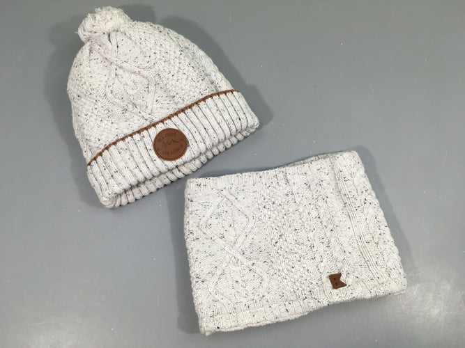 Ensemble bonnet gris clair chiné pompon 57cm + tour de cou, moins cher chez Petit Kiwi