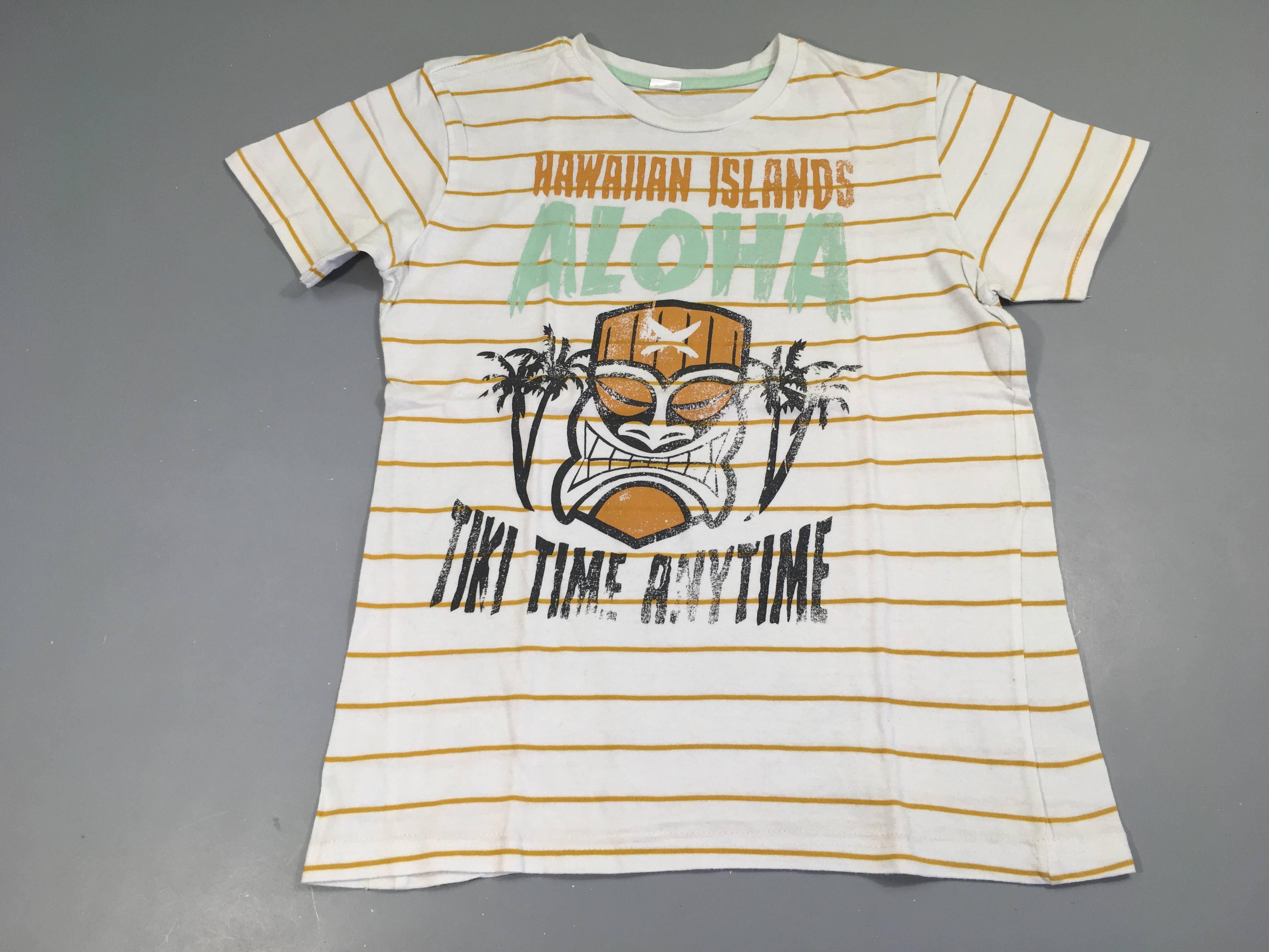 T-shirt m.c blanc rayé jaune Aloha, légèrement bouloché
