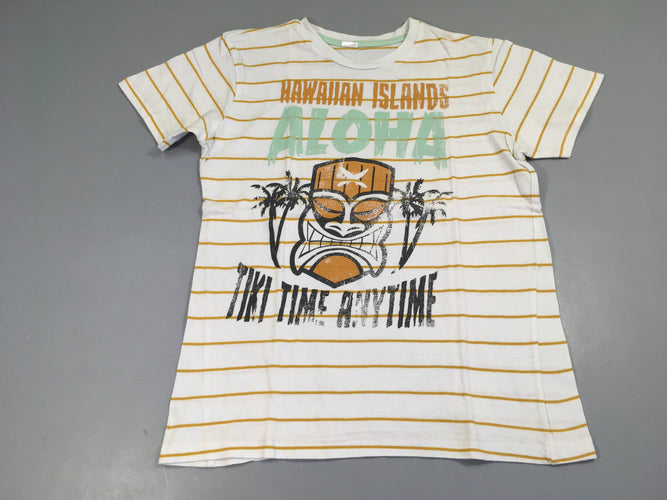 T-shirt m.c blanc rayé jaune Aloha, légèrement bouloché, moins cher chez Petit Kiwi