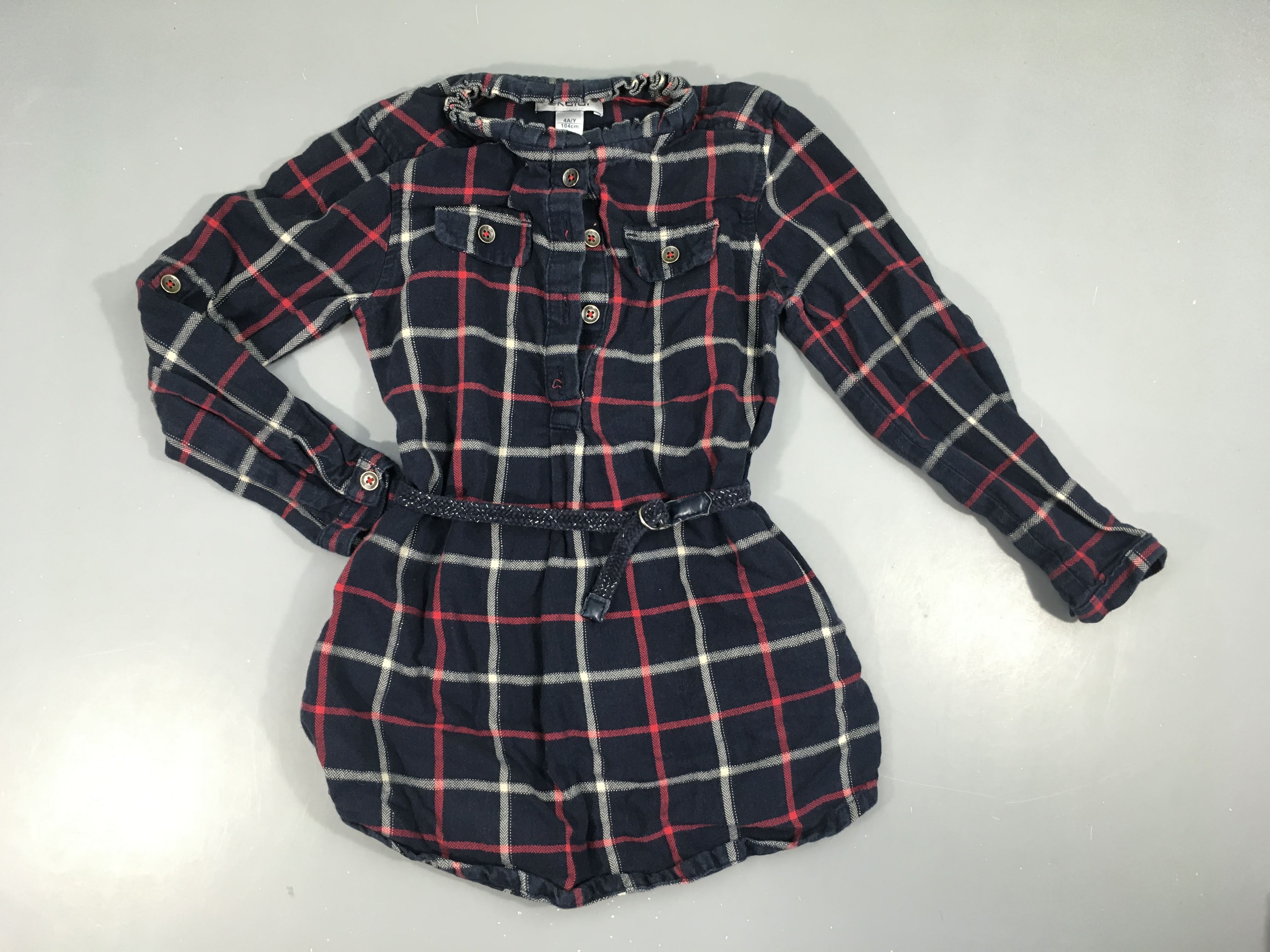 Robe chemise m.l carreaux bleu foncé/rouge fil irisé