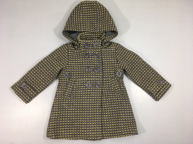 Manteau gris chiné jaune double boutonnière à capuche amovible, moins cher chez Petit Kiwi